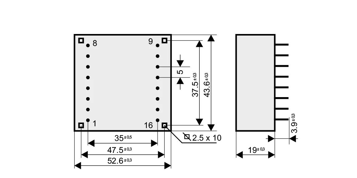 Dimensioned drawing of the 4VA-UI30-7.5 transformer: outline, mounting height, and pin layout