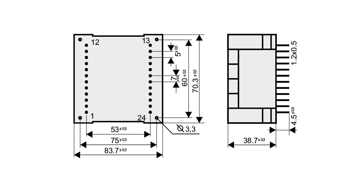 Dimensioned drawing of the 50VA-UI48-17 transformer: outline, mounting height, and pin layout